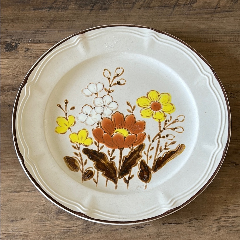 Vintage large Floral Ceramic service Plate - Cream and Brown 12.25 inches